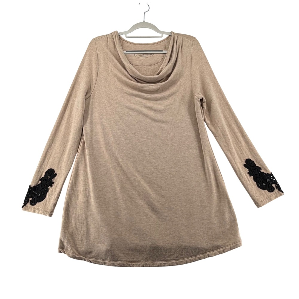 Soma Live Lounge Wear Cowl Neck Lace Sleeve Tunic Womens Large Tan Minimalist